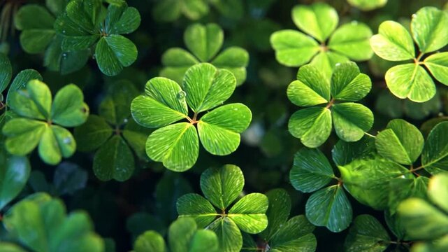 Animation of many green clover leaves growing lush