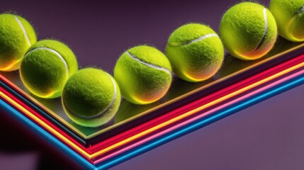 Tennis balls lined up on a colorful neon-lit platform