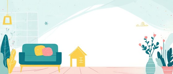 Cozy Living Room Illustration with Sofa, Plants, and House Decor in Pastel Colors for Home Interior Design Concept