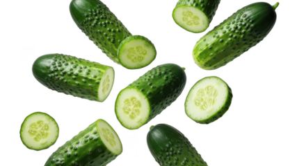 Fresh green cucumbers and slices scattered on a background vegetable food