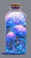 A clear glass bottle with a cork stopper contains two vibrant blue and pink hydrangeas, glowing subtly from within, accompanied by smaller, luminescent foliage and particles