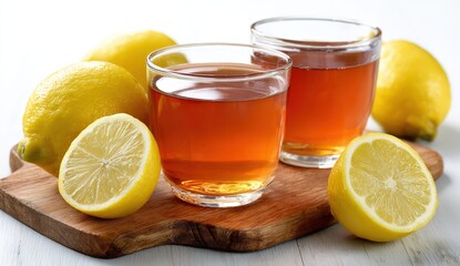 A refreshing scene featuring an isolated glass of lemon tea alongside two glasses and fresh lemons on a wooden board, evoking a bright, summery vibe.