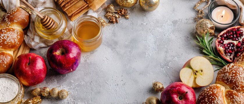 Rosh Hashanah holiday table setting with apples, honey, challah bread, and pomegranate Festive Jewish New Year celebration with traditional food and decorations