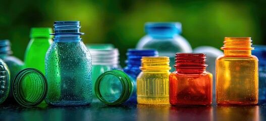 A close-up of colorful, diverse plastic bottles and their caps, some showing wear, set against a blurred green background