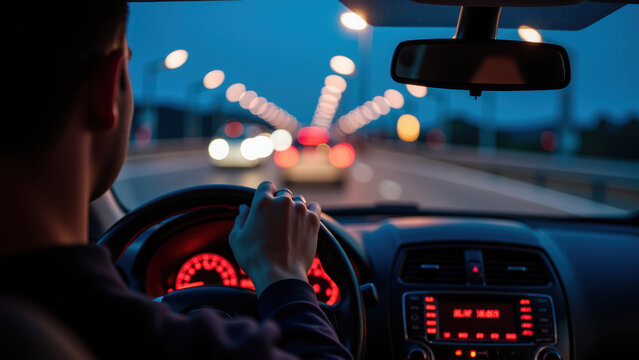 Driving at night with illuminated dashboard and headlights in distance creates sense of adventure and focus