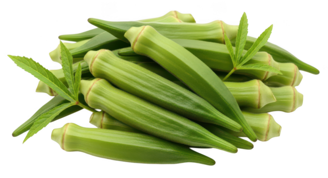 Fresh Green Okra Pods with Leaves Pile on Background vegetable food