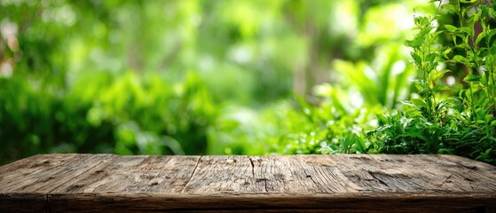 Fototapeta premium Rustic wooden surface with blurred green foliage background