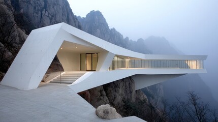 Modern white building perched on mountainside