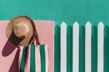 Striped tote bag and straw hat against a teal wall with a white picket fence.