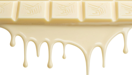 Creamy white chocolate with square ornament on liquid dripping on transparent background,