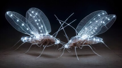 Two illuminated insects, wings translucent, facing each other