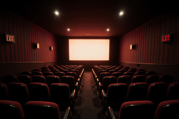 Fototapeta premium Eye-level view of a dimly lit movie theater with red-striped walls, empty rows of red velvet seats, and a bright projector screen at the far end