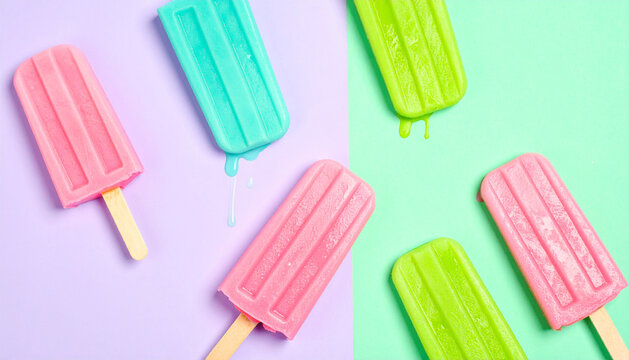 Bright neon-colored popsicles melting diagonally across a pastel gradient background
