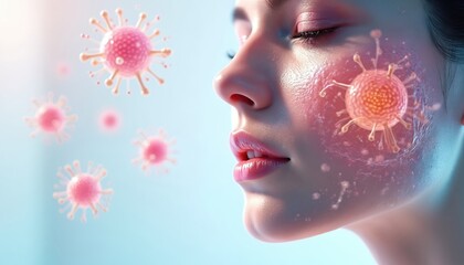Close-up of detailed skin layers with bright hydrating serum molecules actively infusing cells. Realistic 3D model shows visual transformation of improved skin firmness and tone.