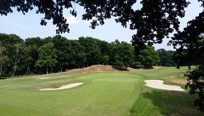 Obraz premium Lush green golf course fairway with trees and sand bunkers under a partly cloudy sky.
