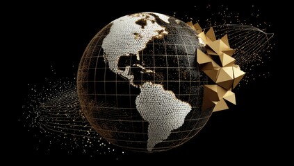 A dark globe, textured with small white dots, shows the Americas.  A golden geometric shape bursts from its side, surrounded by glittering particles and flowing lines against a black background