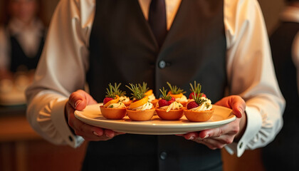 Waiter serving gourmet desserts on a white plate