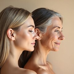 Fototapeta premium Young and old woman side by side. Woman with blonde hair, woman with gray hair. Different ages, different styles. Hair loose waves, two women standing.