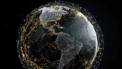 A digital globe, rendered in shades of grey and gold, with glowing lines depicting interconnectedness, set against a black backdrop