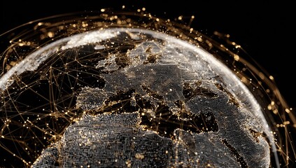 A digital rendering of Earth, centered on Europe, showcasing a network of glowing golden lines connecting countless points of light against a black background. The planet's surface is textured
