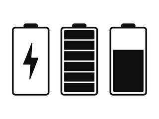 set of smartphone battery status icons, black battery symbol, lightning bolt symbol.