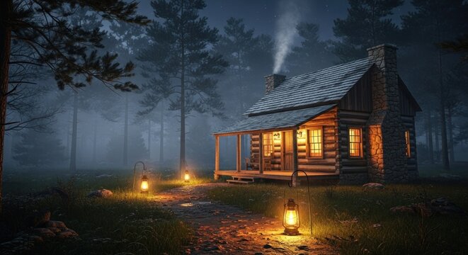 Cozy Log Cabin in Misty Forest at Night with Lanterns and Warm Light.