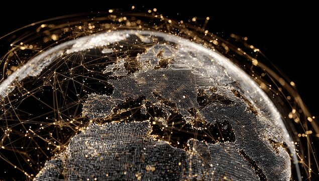 A digital rendering of Earth, centered on Europe, showcasing a network of glowing golden lines connecting countless points of light against a black background.  The planet's surface is textured - Powered by Adobe