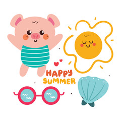 set of summer element sticker set with cartoon pig with sun and clam. cute summer drawing set