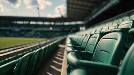 Obraz premium Colorful green stadium seats in a sunny, open football arena with a blurred grass pitch in the background, creating an energetic and inviting sports atmosphere.