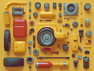 Top view. car engine parts. Automotive repair parts on yellow background. 3D rendering.
