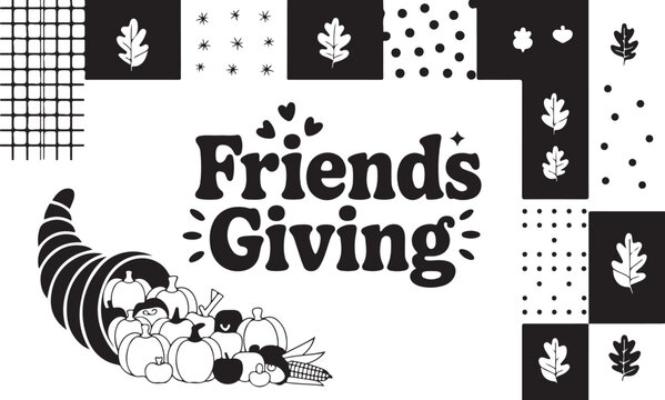 A Friendsgiving Design with a Cornucopia and a Decorative, Modern Pattern of Leaves and Dots
