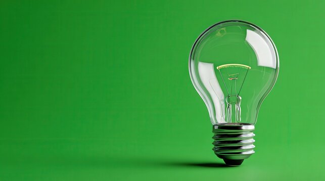 A 3D-rendered light bulb on a vibrant green background with ample space for text, conveying ideas of innovation, creativity, and eco-friendly energy concepts.