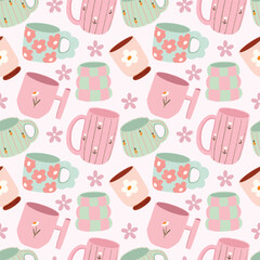 Cute Hand Drawn Mugs Seamless Pattern Background with Pink and mint color.