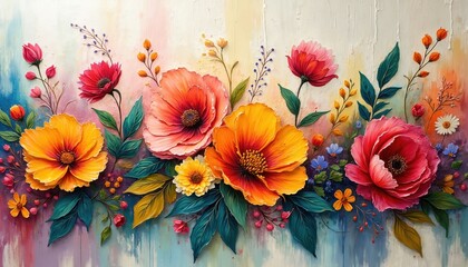 Abstract floral painting featuring vibrant colors and impasto texture. Bright flowers on canvas. Artistic composition for home decor, design, modern art and interior decoration. Dynamic illustration.