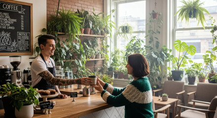 Friendly barista serving fresh coffee to happy customer in vibrant plant filled cafe shop