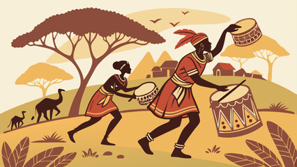 African Tribal Drummers: Vibrant Vintage Style, Joyful Celebration, Savannah Landscape