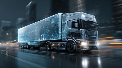 A futuristic truck speeds through the city, showcasing digital holographic projections on its side, highlighting advanced technology and innovative logistics solutions.