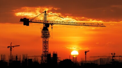 Construction cranes silhouette against fiery sunset