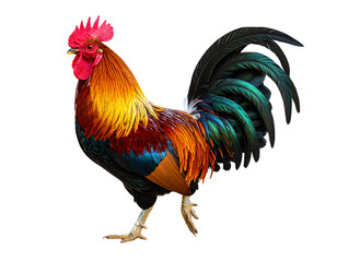 Fototapeta premium Dynamic Rooster in Mid-Strut, Three-Quarter Angle, Isolated