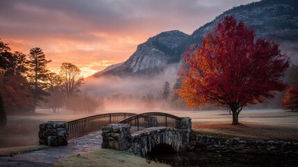 Autumn sunrise over misty mountains, a bridge spans a golf course