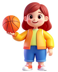 Cheerful girl holding basketball cartoon style wearing orange jacket blue shorts red sneakers standing isolated on transparency background playful and sporty mood