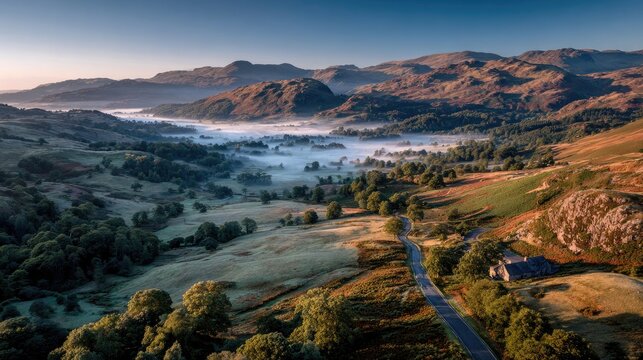 Misty mountain valley, aerial view