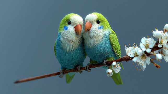 Two colorful parakeets on a branch with blossoms