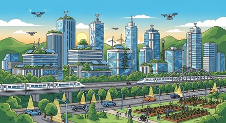 Obraz premium Futuristic Green City with Sustainable Technology and Transportation.