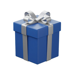 Blue gift box with silver ribbon and bow isolated on transparent background
