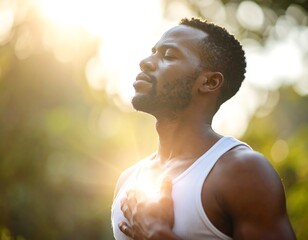 Man meditating outdoors with sunset glow.
