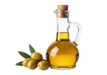 Glass jug of golden olive oil with green olives and leaves on image