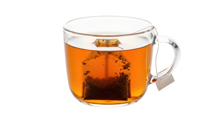 Glass mug filled with amber tea and submerged tea bag on background beverage