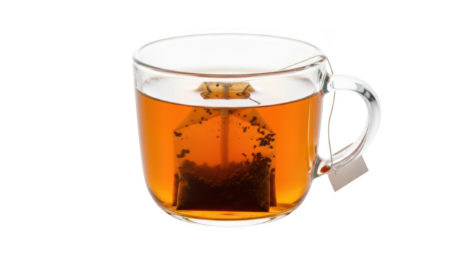 Glass mug filled with amber tea and submerged tea bag on background beverage