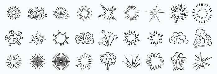 Line speed cartoon effect, boom explosive motion line element set. Comic boom burst, explosive smoke, line speed cartoon vector icon. Hand drawn sketch doodle action effect. Vector illustration